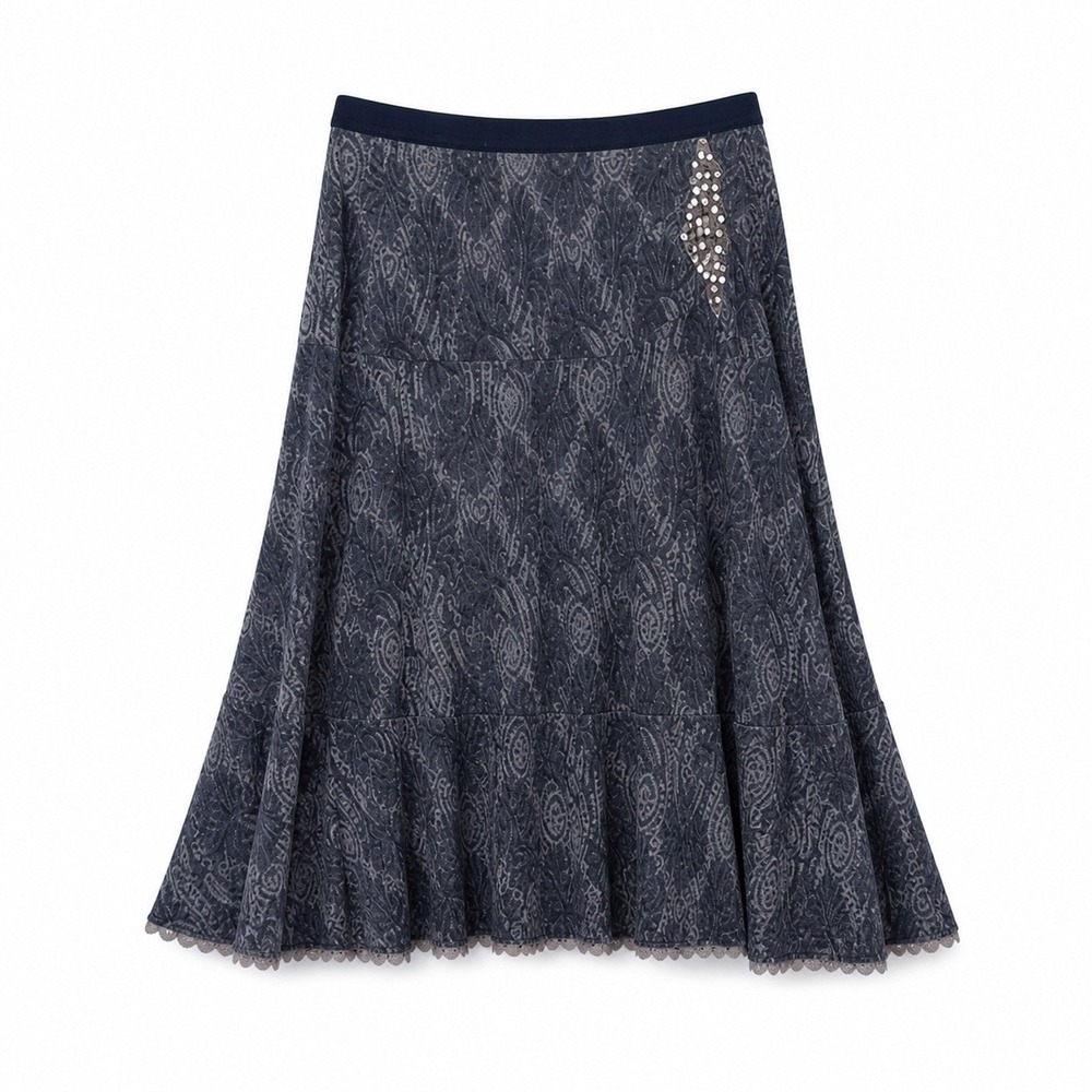 VTG Free People Y2k Blue Lace Paisley Midi Skirt Sequin Detail Boho Tiered Large